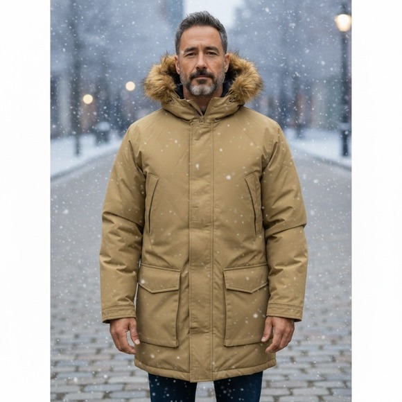 VTG Gveez Mens L Heavyweight Insulated Parka Jacket Khaki Faux Fur Hood NWOT